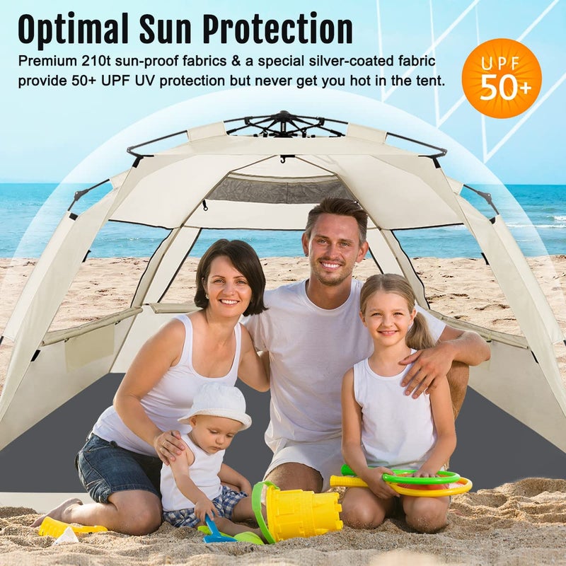 WhiteFang Deluxe XL Pop Up Beach Tent Sun Shade Shelter for 3-4 Person, UV Protection, Extendable Floor with 3 Ventilating Windows Plus Carrying Bag, Stakes, and Guy Lines (Baby's Breath) - Image 3