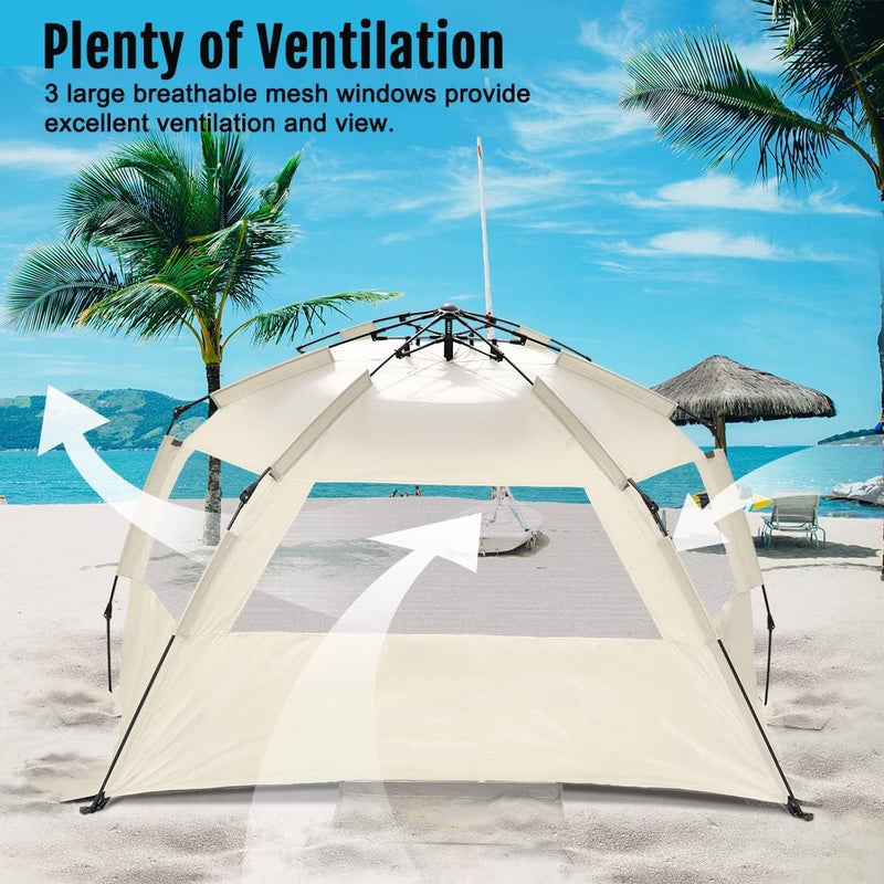 WhiteFang Deluxe XL Pop Up Beach Tent Sun Shade Shelter for 3-4 Person, UV Protection, Extendable Floor with 3 Ventilating Windows Plus Carrying Bag, Stakes, and Guy Lines (Baby's Breath) - Image 4