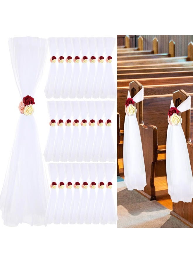 Threlaco 24 Pcs Wedding Aisle Decorations for Ceremony 31.5 Inch Wedding Pew Bows Tulle with Faux Flowers for Wedding Church Chair Bench Pew Aisle Decor - Image 1