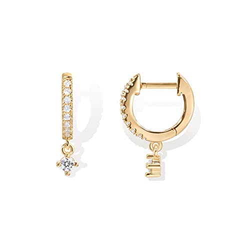 PAVOI 14K Gold Plated 925 Sterling Silver Post Huggie Earrings With Dangle | Small Hinged Hoop For Women | Trendy CZ (Round, Yellow). - Image 1