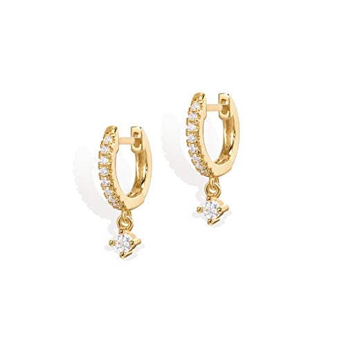 PAVOI 14K Gold Plated 925 Sterling Silver Post Huggie Earrings With Dangle | Small Hinged Hoop For Women | Trendy CZ (Round, Yellow). - Image 3