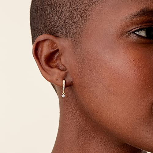 PAVOI 14K Gold Plated 925 Sterling Silver Post Huggie Earrings With Dangle | Small Hinged Hoop For Women | Trendy CZ (Round, Yellow). - Image 2