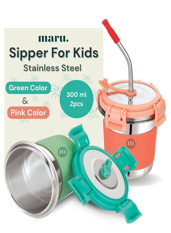 مارو كوب مارو ستيل للأطفال/الرضع/الصغار، سعة 300 مل، قطعتان، مصنوع من الفولاذ المقاوم للصدأ، مزود بأغطية وماصة، ومقبض سيليكون مانع للانزلاق لمنع الانسكاب، سهل الحمل والاستخدام - للماء والحليب والعصائر وغيرها - Image 1