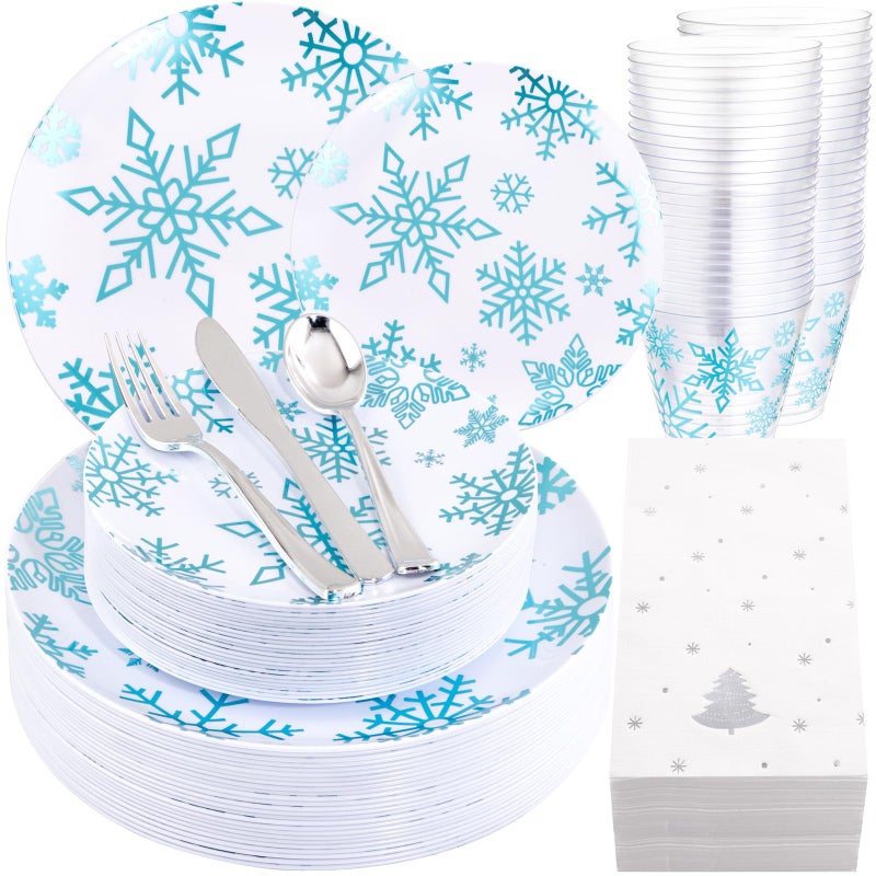 WDF 175Pcs Christmas Plates and Napkins Disposable Dinnerware Set for 25 Guests White Blue Plates with Silverware White Snowflake Cups and Festive Holiday Napkins Perfect for Christmas Winter