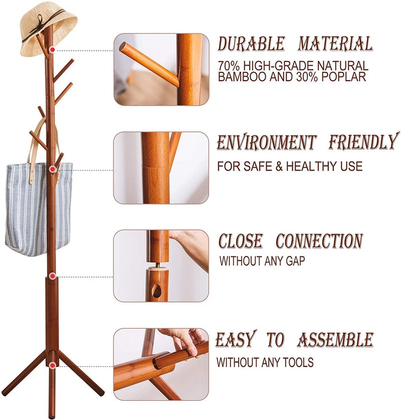 Evolluxi Evolluxi Wood Coat Rack Stand Hat Hanger Tree Holder Clothes Organizer with Tripod Base for Hallway Entryway Room Home Office for Jackets Hats Bags Umbrella 8 Hooks Walnut - Image 5