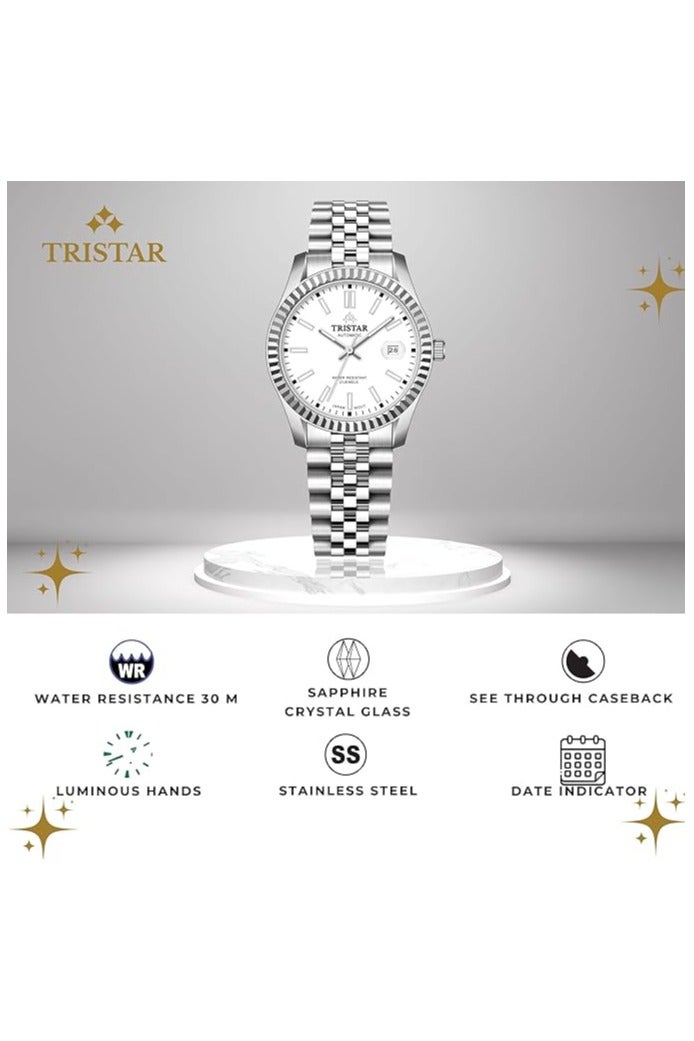 Tristar ساعة أوتوماتيكية يابانية للرجال من سلسلة تريستار RD بقرص أبيض وسوار من الفولاذ المقاوم للصدأ - Image 4