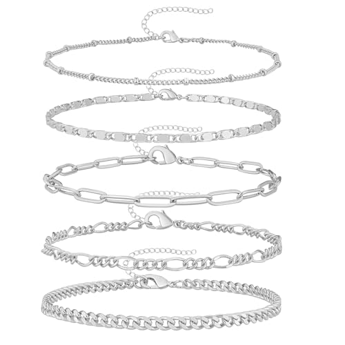 Gokeey Silver Bracelets for Women, Sterling Silver Beaded Paperclip Cuban Link Chain Bracelet Stack Set Pack for Women Trendy Dainty Simple Silver Jewelry Gifts - Image 1