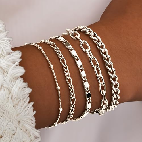 Gokeey Silver Bracelets for Women, Sterling Silver Beaded Paperclip Cuban Link Chain Bracelet Stack Set Pack for Women Trendy Dainty Simple Silver Jewelry Gifts - Image 2