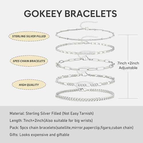 Gokeey Silver Bracelets for Women, Sterling Silver Beaded Paperclip Cuban Link Chain Bracelet Stack Set Pack for Women Trendy Dainty Simple Silver Jewelry Gifts - Image 5