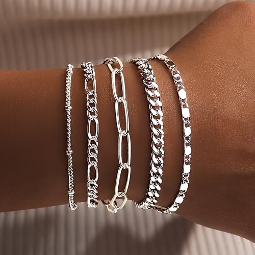 Gokeey Silver Bracelets for Women, Sterling Silver Beaded Paperclip Cuban Link Chain Bracelet Stack Set Pack for Women Trendy Dainty Simple Silver Jewelry Gifts - Image 3