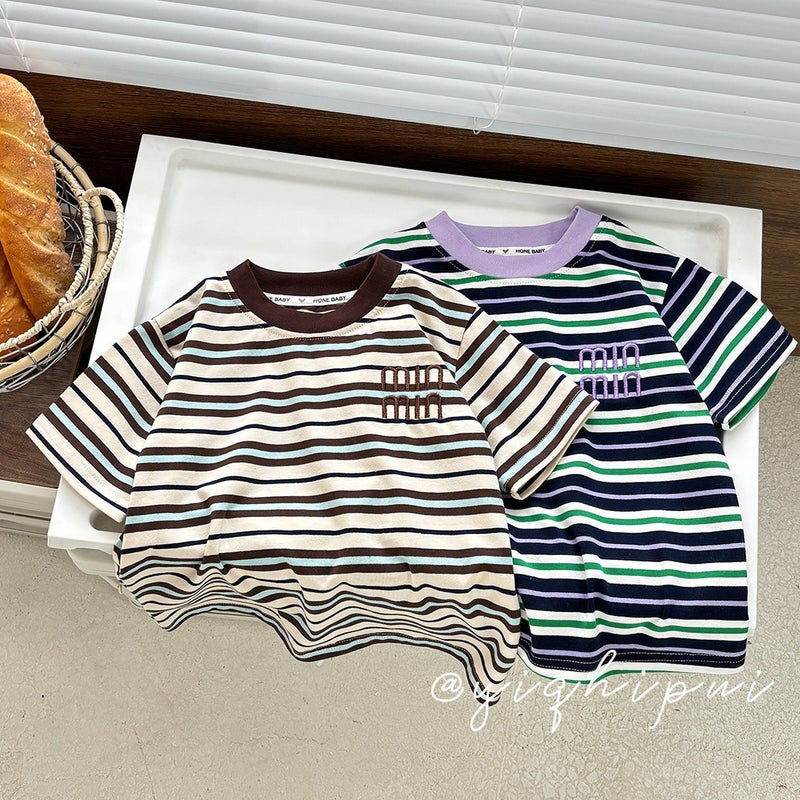 Children'S Summer Retro Color Brown Striped Short Sleeve T-Shirt Boys And Girls Cotton Round Neck Half Sleeve Fashion - Image 2