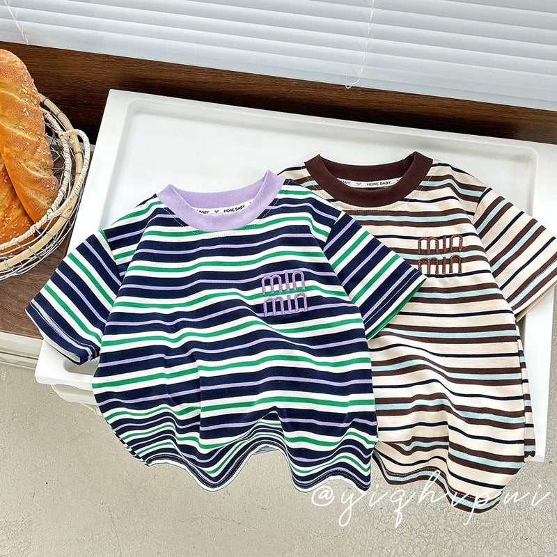 Children'S Summer Retro Color Brown Striped Short Sleeve T-Shirt Boys And Girls Cotton Round Neck Half Sleeve Fashion - Image 4