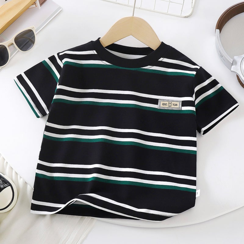 Children'S Summer Retro Color Brown Striped Short Sleeve T-Shirt Boys And Girls Cotton Round Neck Half Sleeve Fashion - Image 1