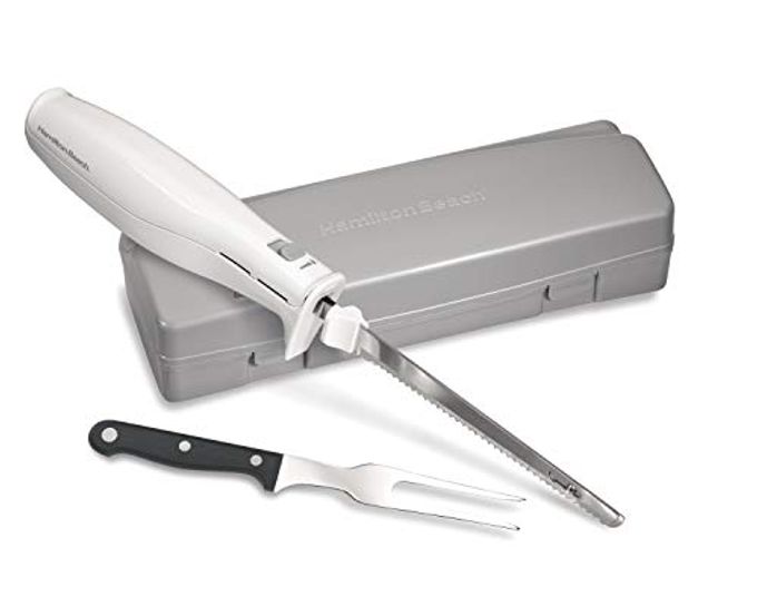 Hamilton Beach Electric Knife Set for Carving Meats, Poultry, Bread, Crafting Foam & More, Reciprocating Serrated Stainless Steel Blades, Ergonomic Design Storage Case + Fork Included, 5Ft Cord, White