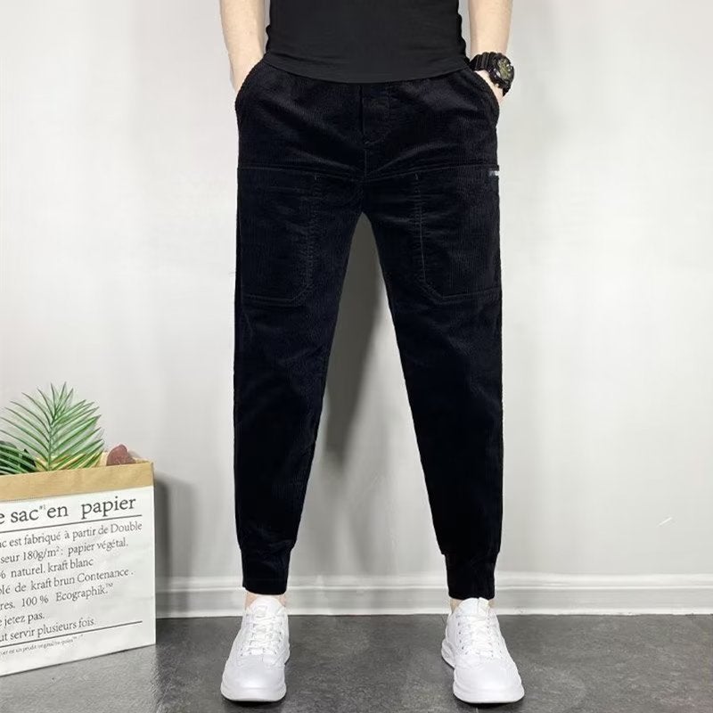 2023 Casual Mens Slim Corduroy Joggers Solid Trendy Coffee  - Image 3