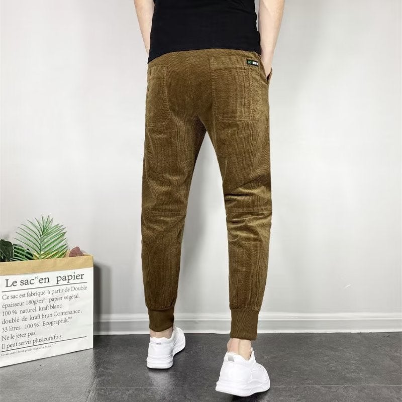 2023 Casual Mens Slim Corduroy Joggers Solid Trendy Coffee  - Image 1