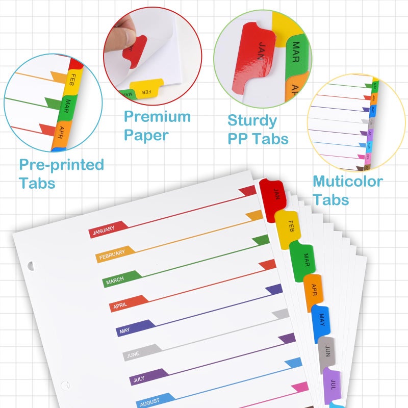 Coidea Monthly Binder Dividers for 3 Ring Binder, COIDEA Jan-Dec Dividers for 3 Ring Binder, 12 Tabs Multicolor Month Binder Dividers with Customizable Table of Contents Page for School Office Organizing - Image 3