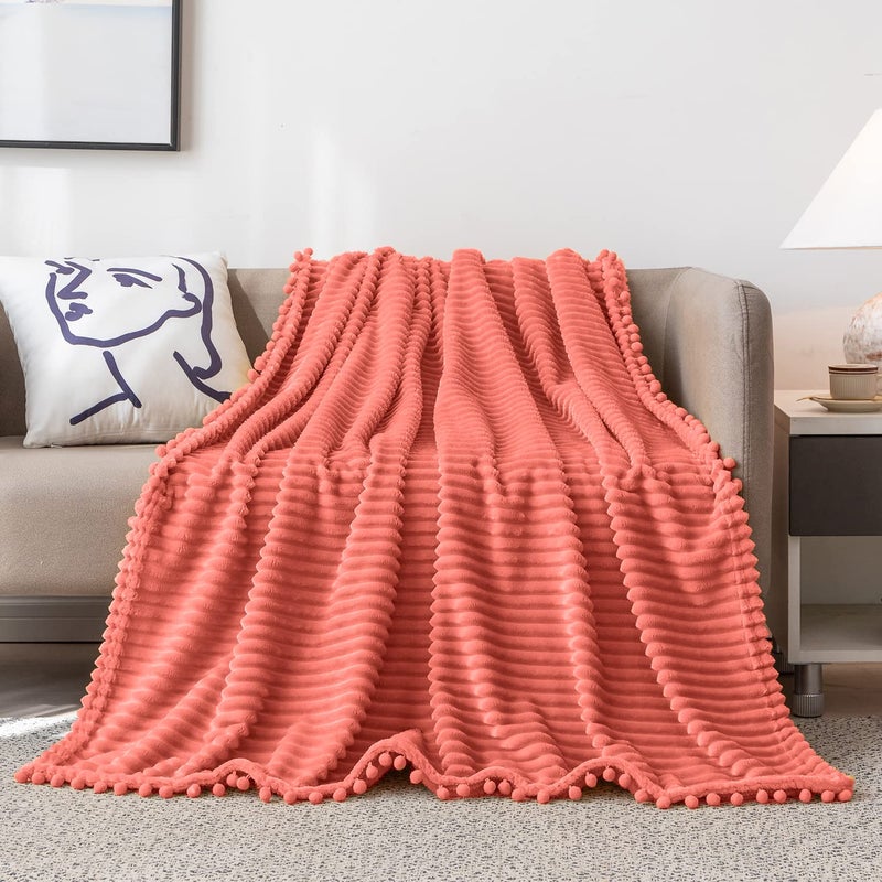 DISSA Fleece Blanket Throw Size – 51x63, Coral – Soft, Plush, Fluffy, Fuzzy, Warm, Cozy – Perfect Throw for Couch, Bed, Sofa - with Pompom Fringe - Flannel Blanket Throw Blanket - Image 2
