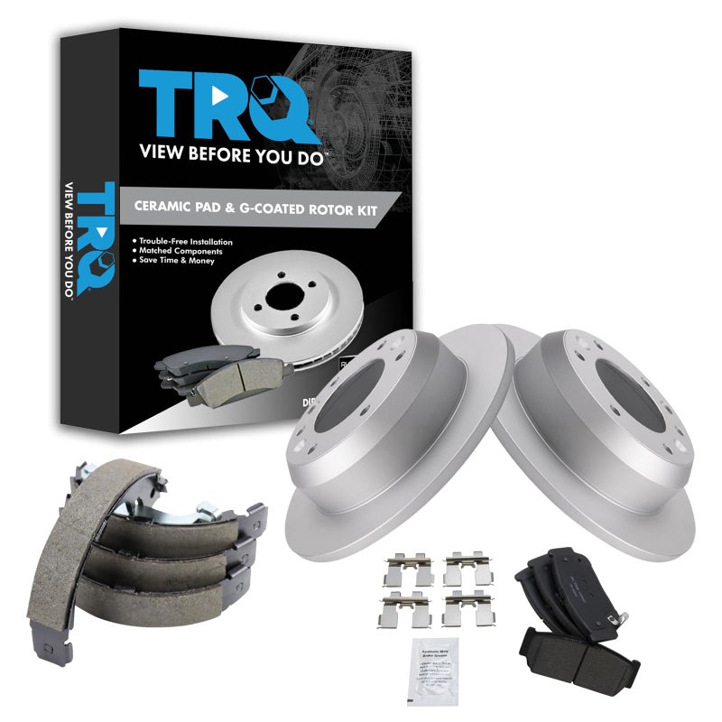 TRQ TRQ Rear Brake Pad & Rotor Kit Brake Pads Brake Rotor Parking Brake Shoe Set Ceramic Premium G-Coated Compatible with 2007 Hyundai Entourage 2006 Kia Sedona - Image 1