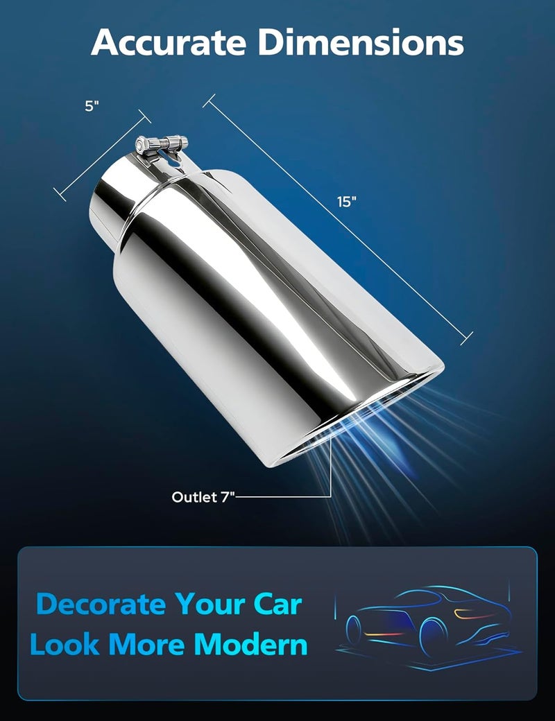 Anki RP Remarkable Power 5" Inlet 7" Outlet 15" Long Stainless Steel Rolled Edge Diesel Exhaust Tip - Image 2
