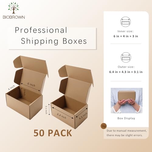 BIOBROWN 6x4x3" 50 Pack Corrugated Cardboard Boxes Small Shipping Box for Packaging Small Business Mailer Mailing Kraft - Image 2