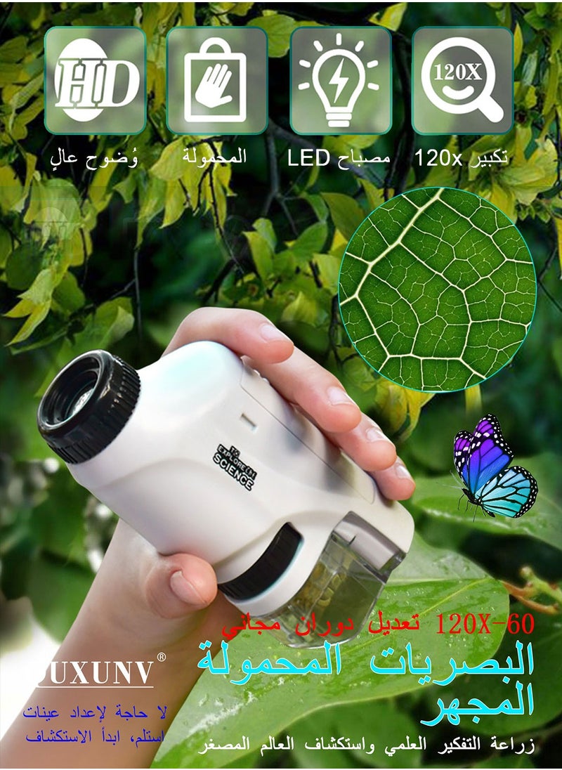 QUXUNV - Pocket Microscope, Kids Microscope with LED Light, Pocket Microscope for Kids 60x-120x, Handheld Microscope Portable Microscope for Students and Children - Image 1