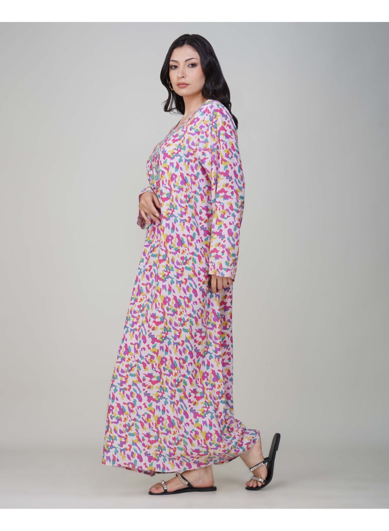 LINELLE جلابية لينيل النسائية الملونة المطبوعة - فستان رايون بأكمام كاملة مع تفاصيل تطريز على الرقبة - Image 4