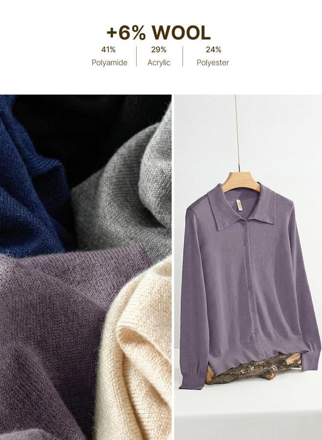 EVALESS Cardigan Sweaters for Women Wool Blend Lightweight Trendy Long Sleeve Lapel Collar Button Down Sweater Cardigans, Purple, XXL - Image 5