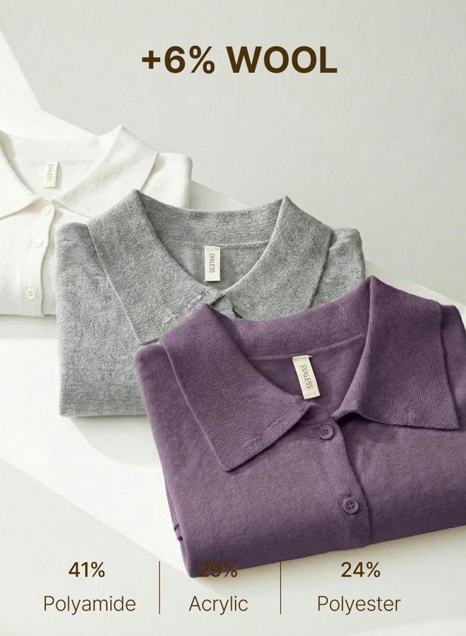 EVALESS Cardigan Sweaters for Women Wool Blend Lightweight Trendy Long Sleeve Lapel Collar Button Down Sweater Cardigans, Purple, XXL - Image 4