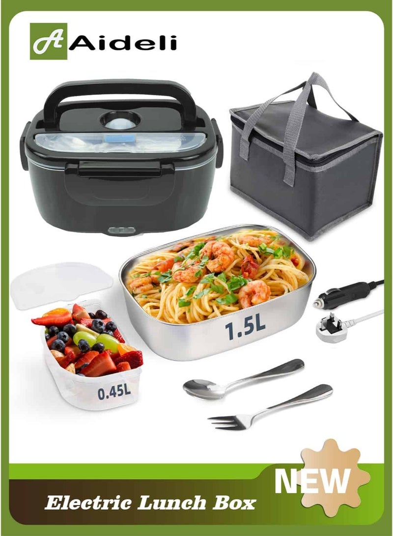 Aideli Electric Lunch Box 60W, Portable Self-Heating Food Warmer for Car, Truck, Office, 1.5L Stainless Steel & 0.45L Fruit Container with Fork and Spoon, Leakproof Matte Black - Image 1