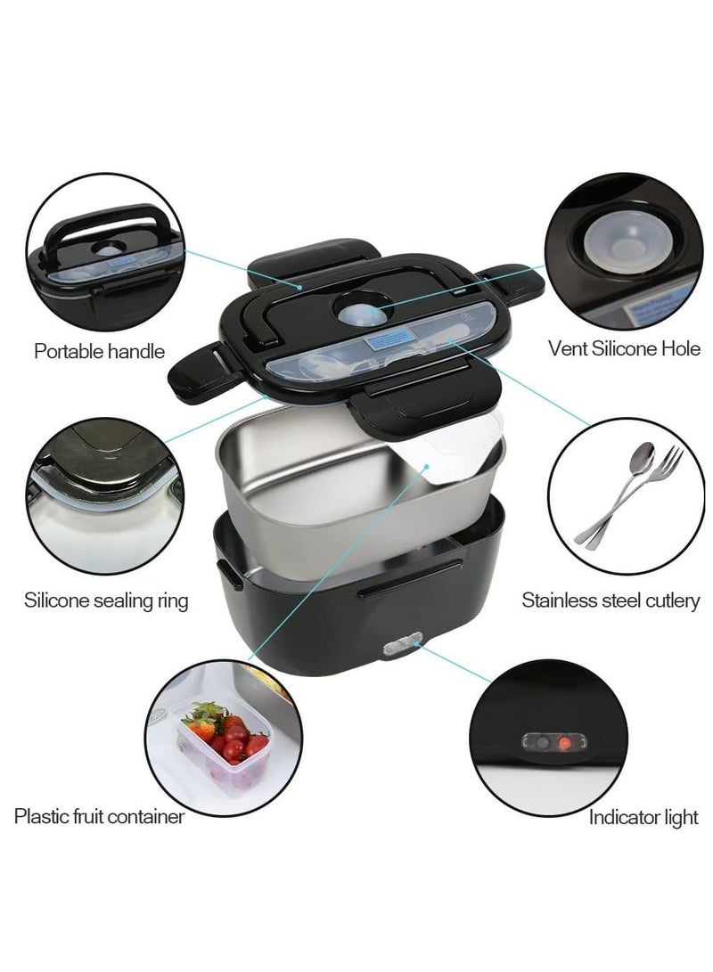 Aideli Electric Lunch Box 60W, Portable Self-Heating Food Warmer for Car, Truck, Office, 1.5L Stainless Steel & 0.45L Fruit Container with Fork and Spoon, Leakproof Matte Black - Image 2