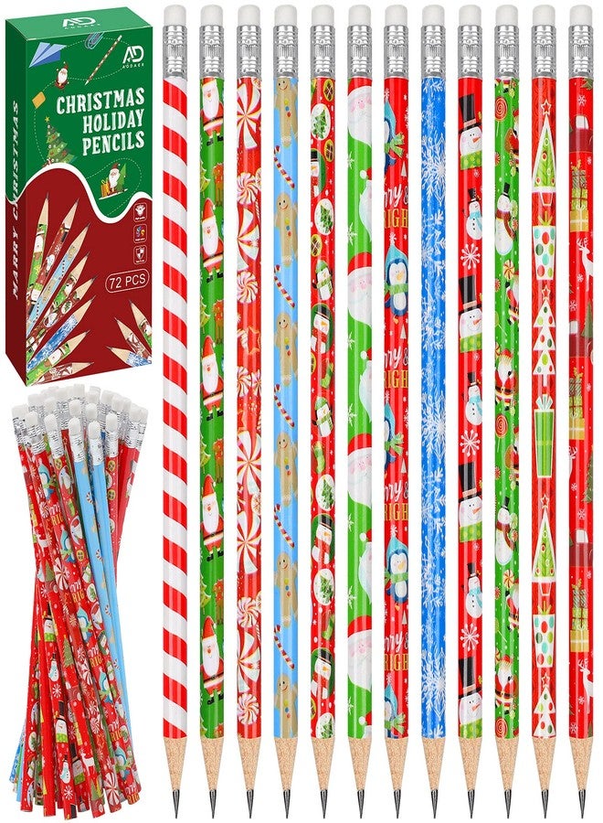 Aodaer 72 Pieces Christmas Holiday Pencils Assorted Patterns Xmas Wood Pencils with Eraser Colorful Santa Claus, Elk, Sleigh Pencils for Children, Christmas Party Supplies - Image 1