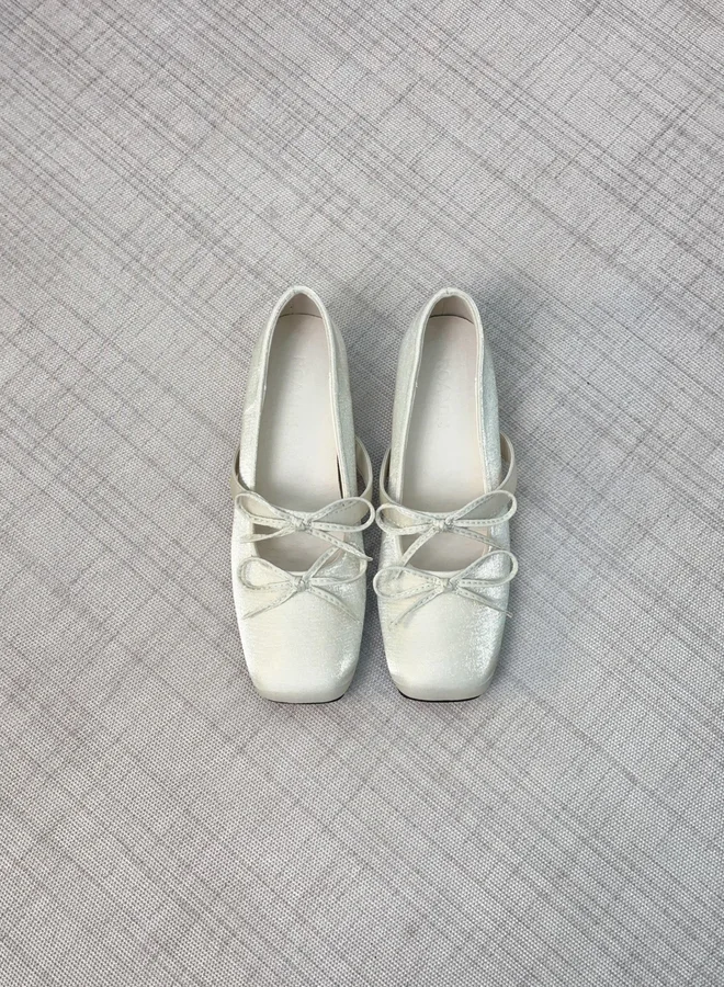Take Two Women Beige Square Toe Bow Detail Ballerina Shoes