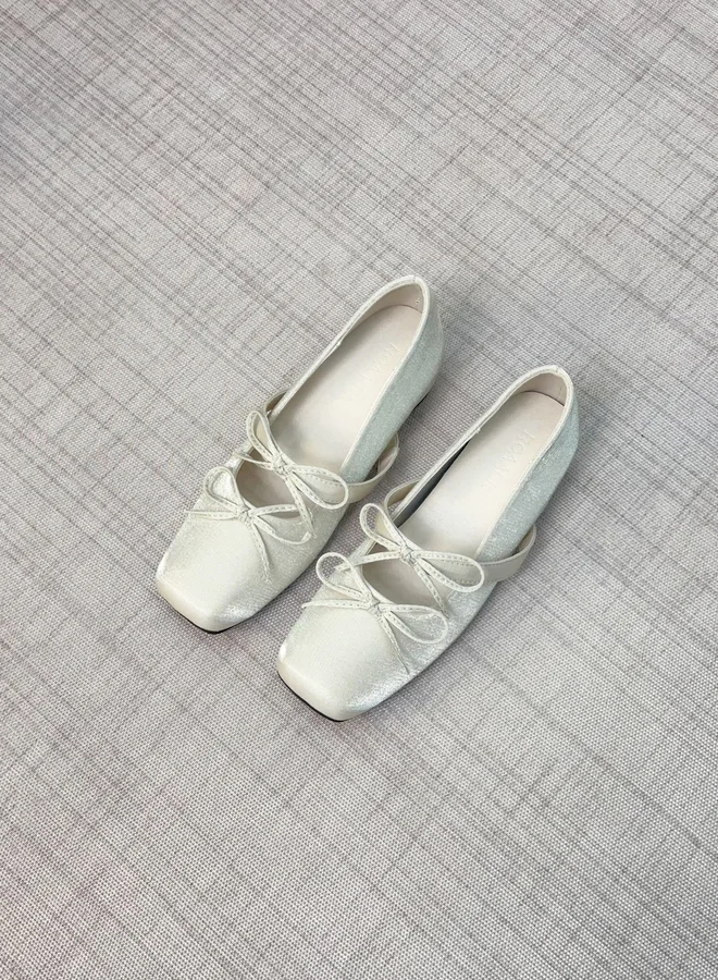 Take Two Women Beige Square Toe Bow Detail Ballerina Shoes