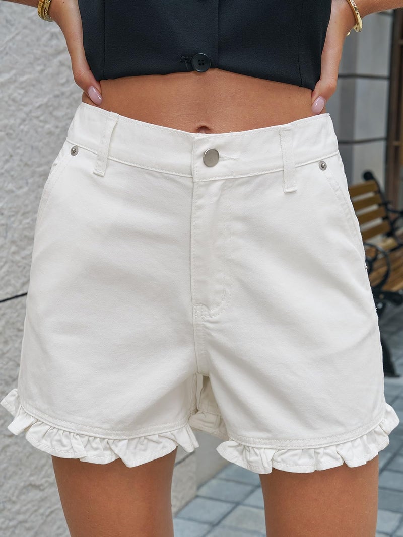 Aoysky Womens Summer Ruffle Denim Shorts Cute High Waisted Cotton Short Jeans with Pockets - Image 2
