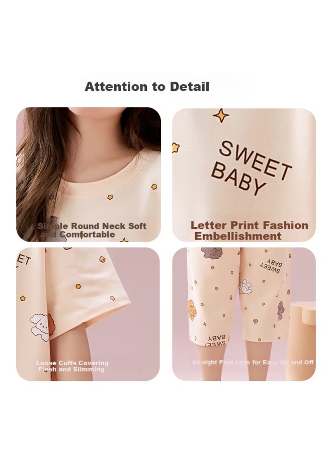 Fentengcare Women's Summer 100% Cotton Short Sleeve Seven-point Pants Round Neck Pullover Comfortable Outerwear Home Service Q1 - Image 2