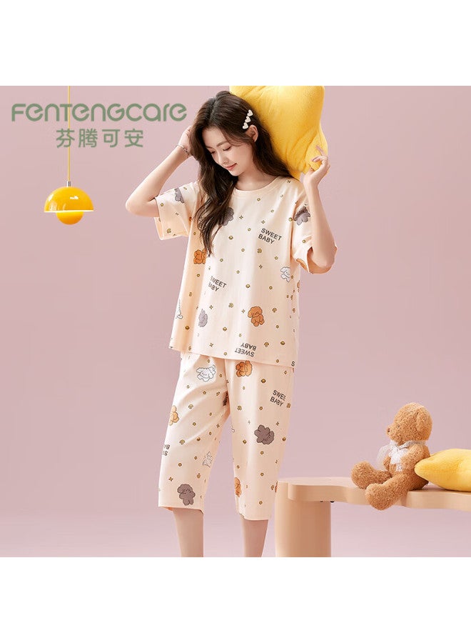 Fentengcare Women's Summer 100% Cotton Short Sleeve Seven-point Pants Round Neck Pullover Comfortable Outerwear Home Service Q1 - Image 1