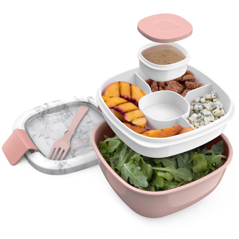 Bentgo Salad Container - 54 oz Bowl with 4-Compartment Toppings Tray, Dressing Container, Reusable Fork, BPA-Free Lunch Box for Meal Prep & Food Storage; Removable Bento Tray (Blush Marble) - Image 1