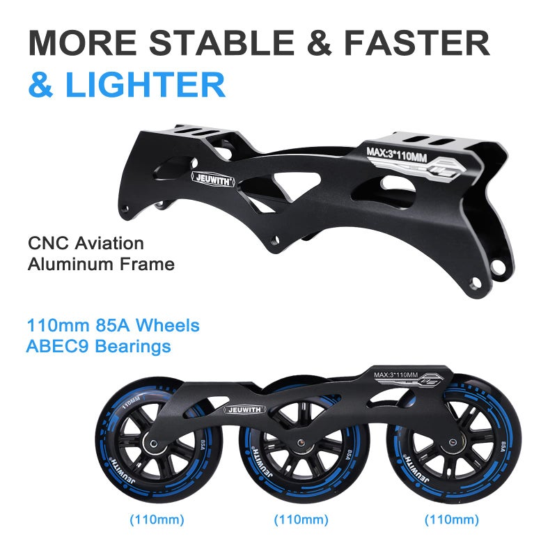 JEUWITH Inline Skates, 3 Wheels 110mm Roller Skates Blades for Adult Women Men, Professional Outdoor Fitness Inline Speed Skates for Unisex (Black & Blue) - Image 2