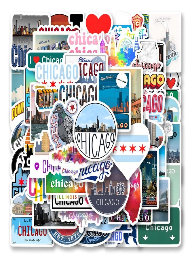 CPORER 64Pcs Chicago Stickers Chicago Souvenirs City Travel Aesthetic Sticker Pack Scrapbook Sticker Waterproof Vinyl for Laptop, Water Bottle, Skateboard, Scrapbooking, Party Favors - Image 1