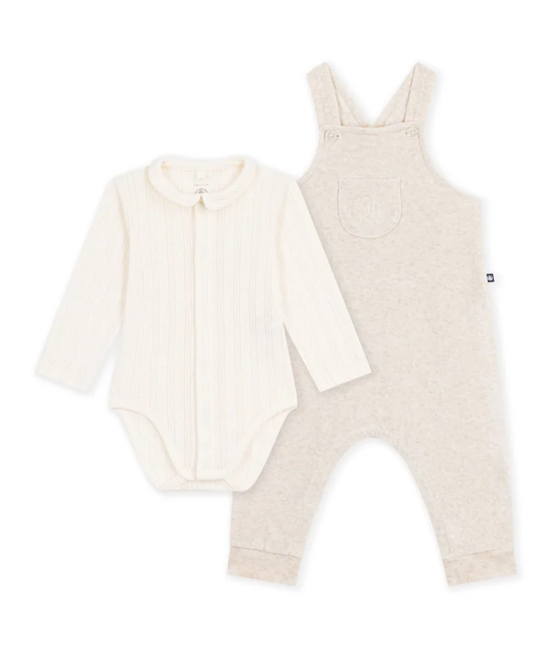 Petit Bateau Babies' Plain Dungarees And Body Set In Cotton With A Collar