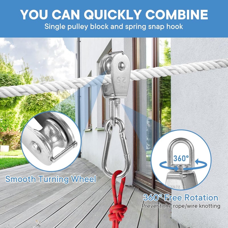 Cadbibe 6Pcs 304 Stainless Steel M25 Single Pulley Block, Wire Rope Hanging Wire Towing Wheel, with 6Pcs Spring Snap Hook - Image 2