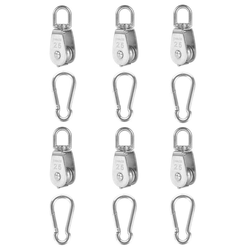 Cadbibe 6Pcs 304 Stainless Steel M25 Single Pulley Block, Wire Rope Hanging Wire Towing Wheel, with 6Pcs Spring Snap Hook - Image 1