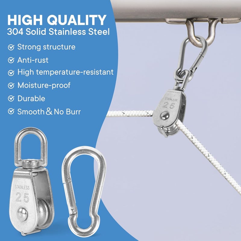 Cadbibe 6Pcs 304 Stainless Steel M25 Single Pulley Block, Wire Rope Hanging Wire Towing Wheel, with 6Pcs Spring Snap Hook - Image 3
