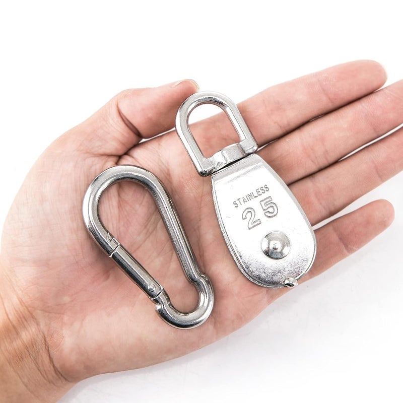 Cadbibe 6Pcs 304 Stainless Steel M25 Single Pulley Block, Wire Rope Hanging Wire Towing Wheel, with 6Pcs Spring Snap Hook - Image 5
