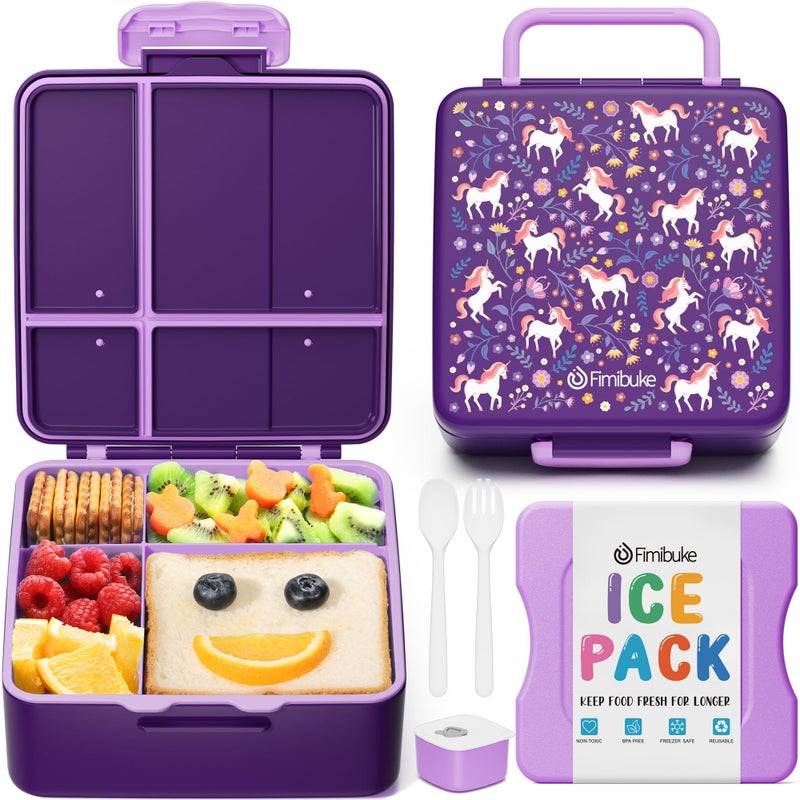 Fimibuke Chill Bento Box for Kids Adult, Leak Proof Toddler Lunch Box with Ice Pack Keep Food Cold, BPA Free 4 Compartment Lunch Container with Utensils for Girl Boy School, Microwave Dishwasher Safe - Image 1
