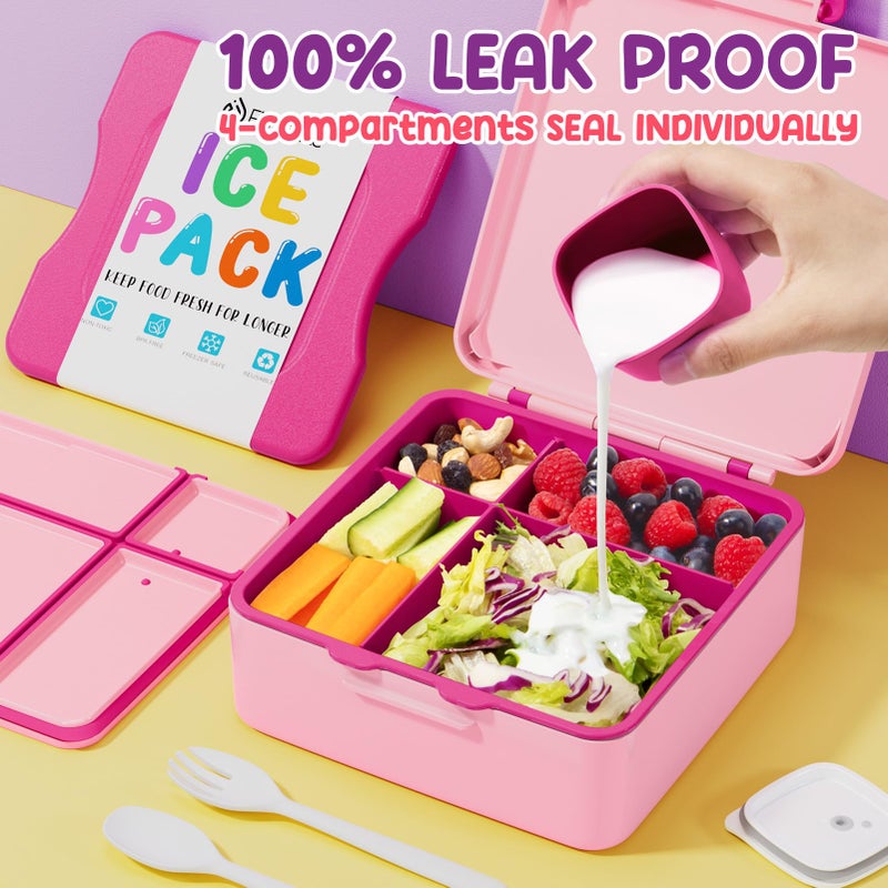 Fimibuke Chill Bento Box for Kids Adult, Leak Proof Toddler Lunch Box with Ice Pack Keep Food Cold, BPA Free 4 Compartment Lunch Container with Utensils for Girl Boy School, Microwave Dishwasher Safe - Image 5