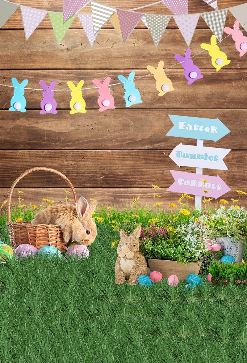 HMTFOTO 5x7ft Easter Photography Backdrops Wooden Eggs Green Grass Colorful Bokeh Photography Background Floral Bunny Decoration Backdrop Easter Photo Background for Baby Show Children - Image 2