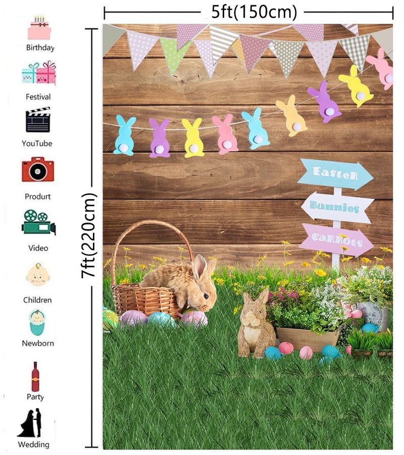 HMTFOTO 5x7ft Easter Photography Backdrops Wooden Eggs Green Grass Colorful Bokeh Photography Background Floral Bunny Decoration Backdrop Easter Photo Background for Baby Show Children - Image 3