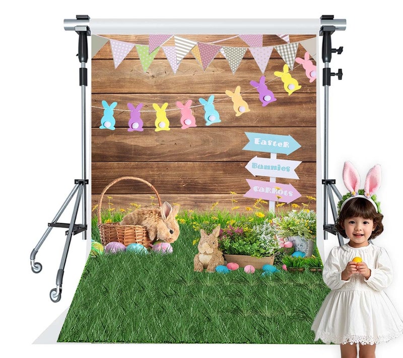HMTFOTO 5x7ft Easter Photography Backdrops Wooden Eggs Green Grass Colorful Bokeh Photography Background Floral Bunny Decoration Backdrop Easter Photo Background for Baby Show Children - Image 4